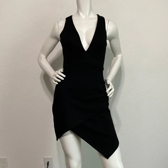 NBD Revolve Dries Black Asymmetric Hem Deep V-Neck Bodycon Mini Dress Size XS - Picture 4 of 11